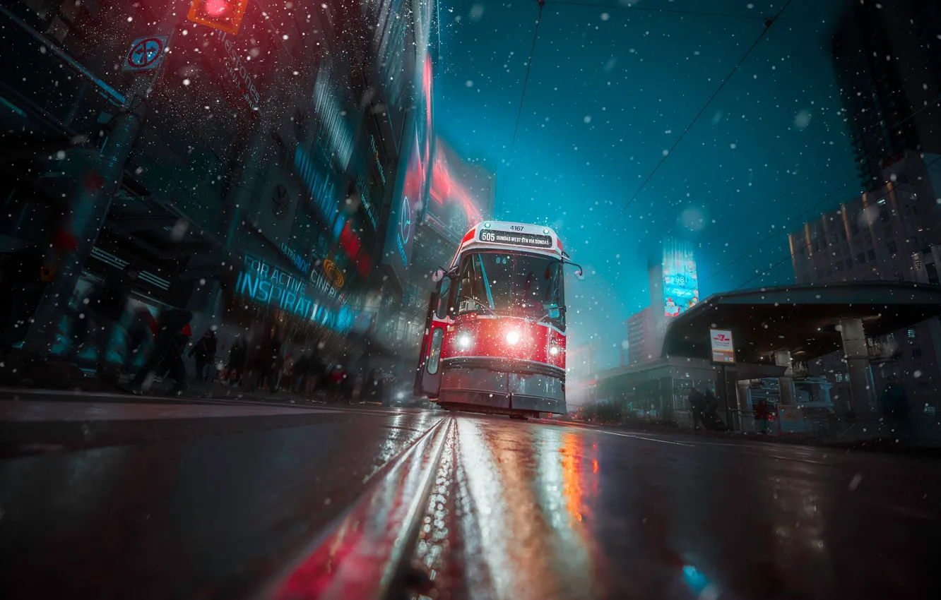 Photo wallpaper road, snow, street, Canada, tram, Toronto, Canada, Toronto