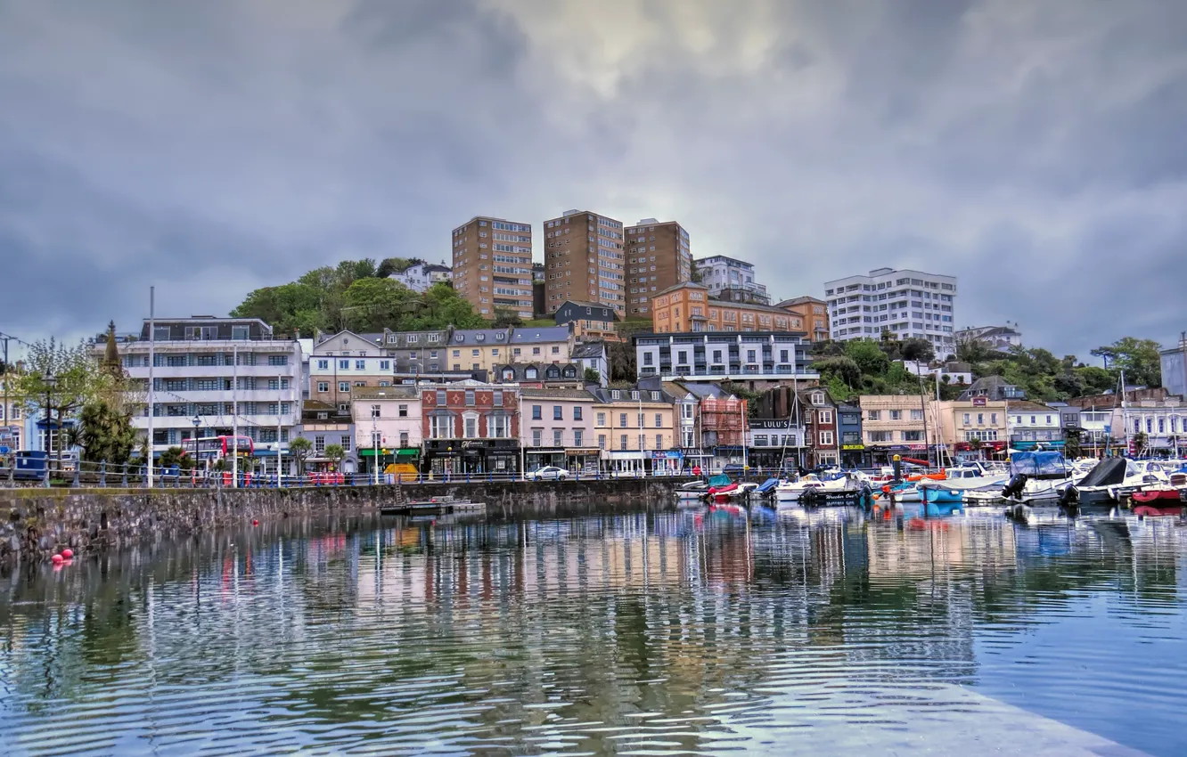 Photo wallpaper the sky, water, clouds, city, the city, England, building, pier