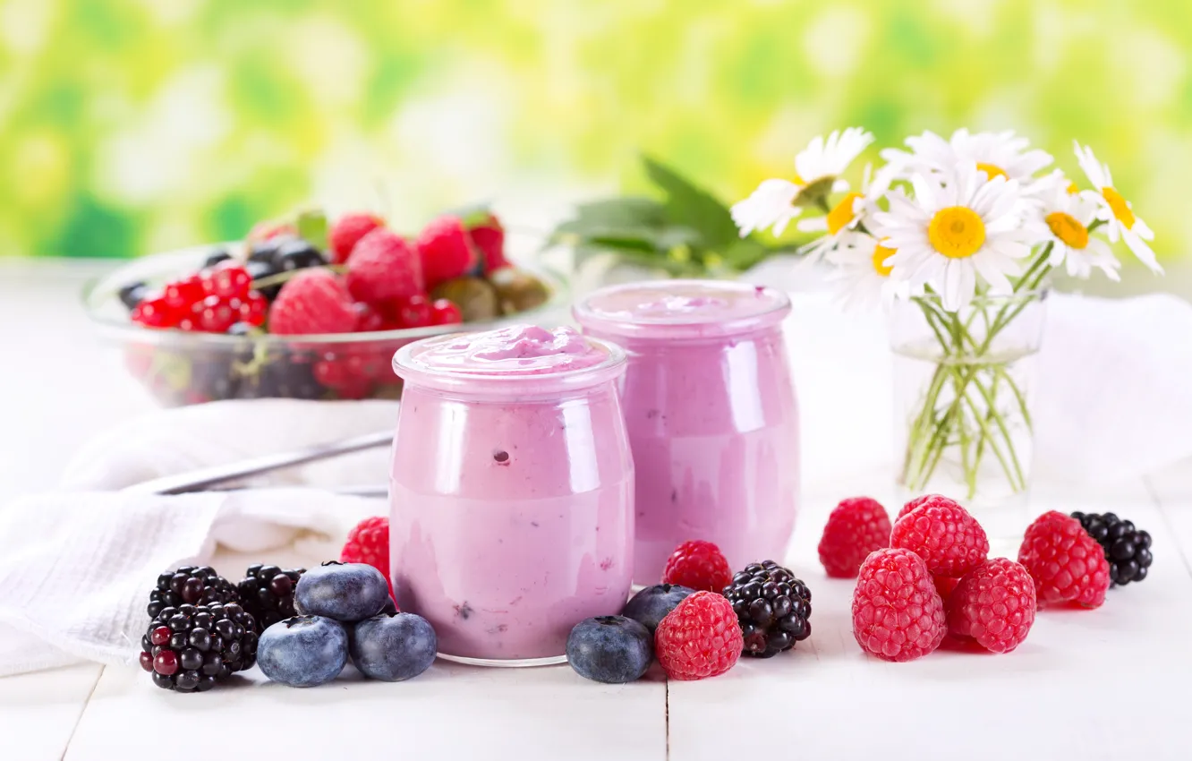 Photo wallpaper flowers, berries, raspberry, chamomile, blueberries, jars, dessert, BlackBerry