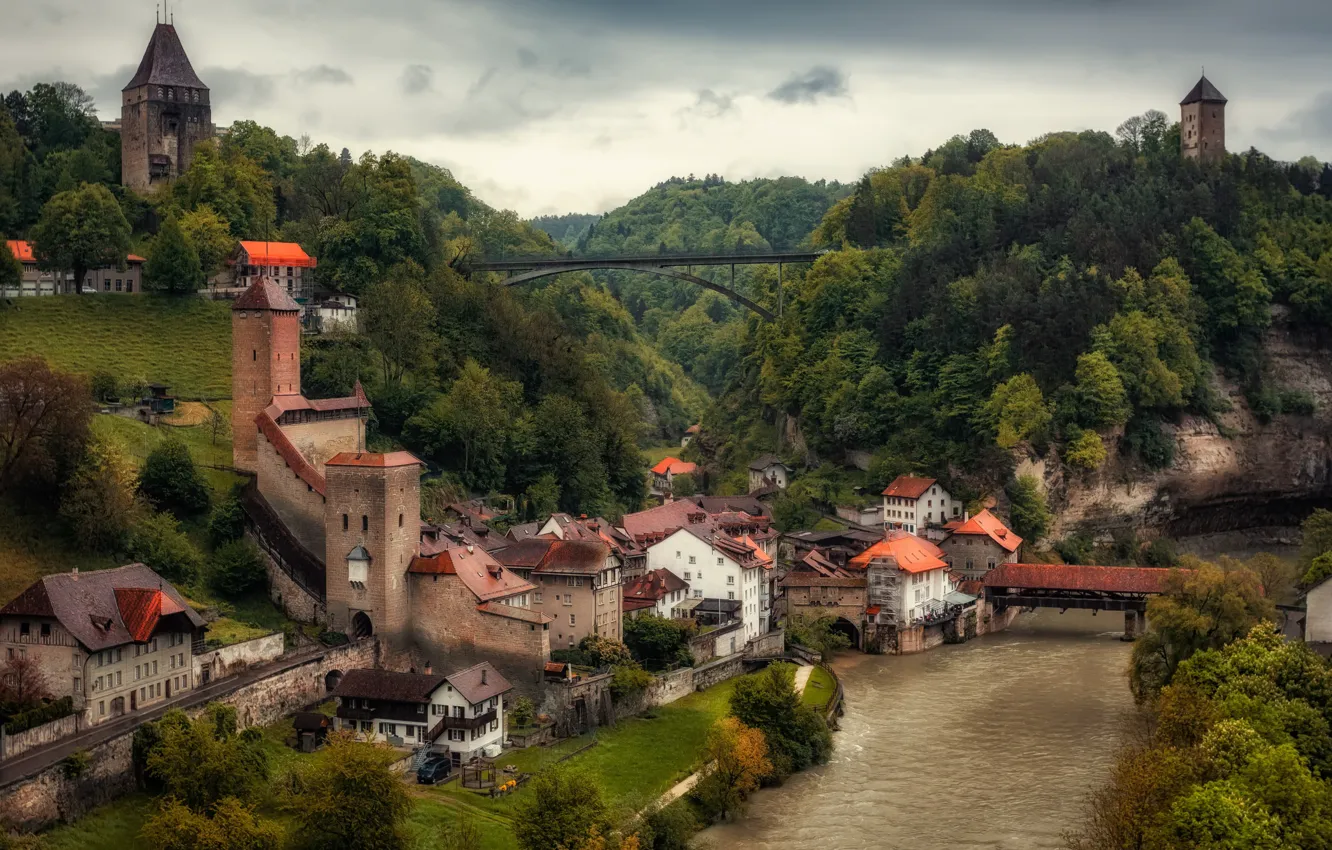 Photo wallpaper landscape, bridge, the city, river, home, Switzerland, Fribourg, Alexander the Silent