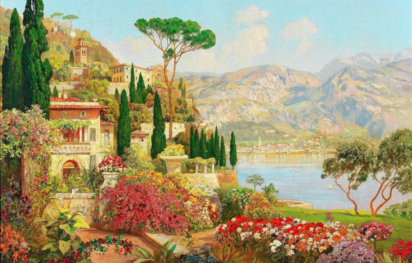 Photo wallpaper Flowers, Water, Home, Picture, Coast, Alois Arnegger, Alois Arnegger, Austrian painter