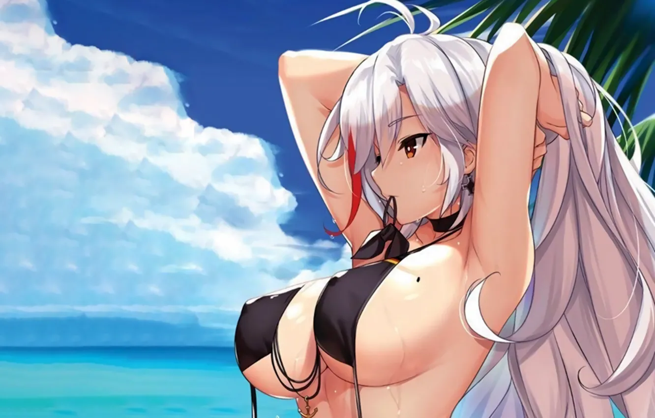 Photo wallpaper girl, sexy, wet, cleavage, long hair, sea, brown eyes, boobs