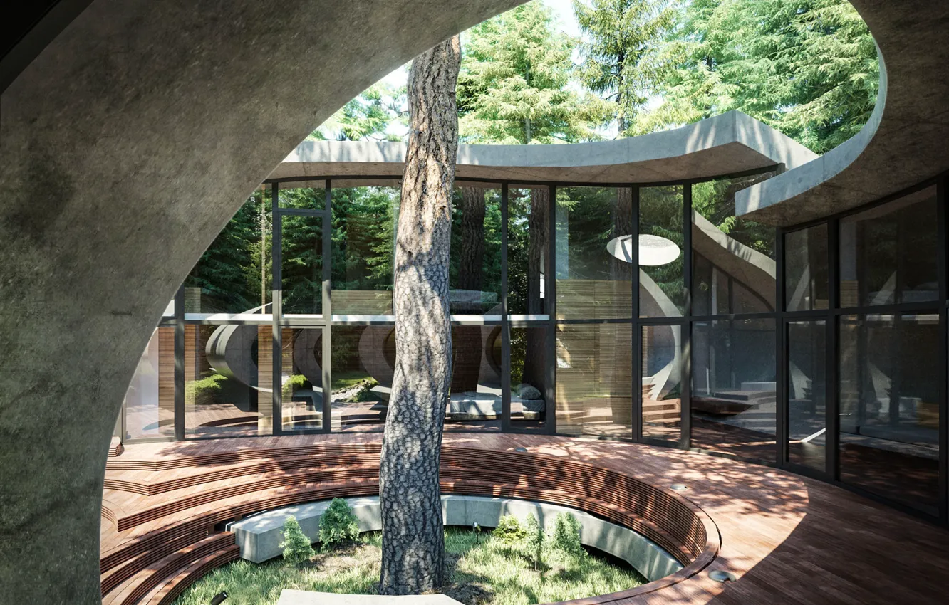 Photo wallpaper trees, stage, architecture, structure, rounding