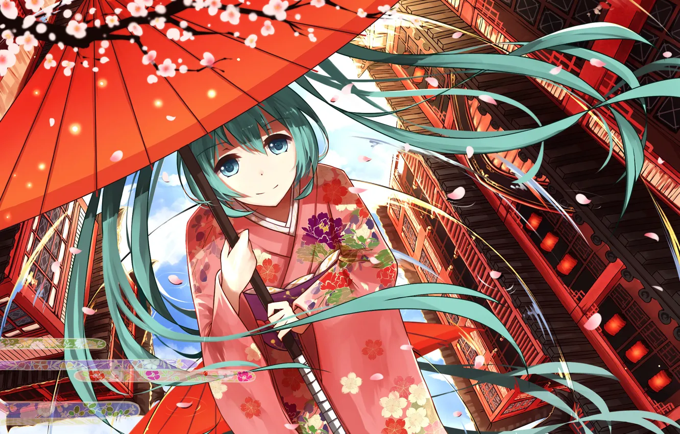 Photo wallpaper girl, umbrella, anime, petals, Sakura, art, kimono, vocaloid