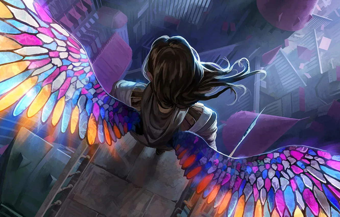 Photo wallpaper colorful, woman, wings, angel