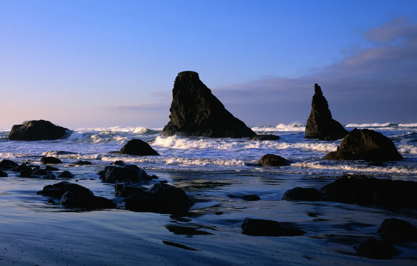Photo wallpaper sea, wave, the sky, stones, shore, dual screen