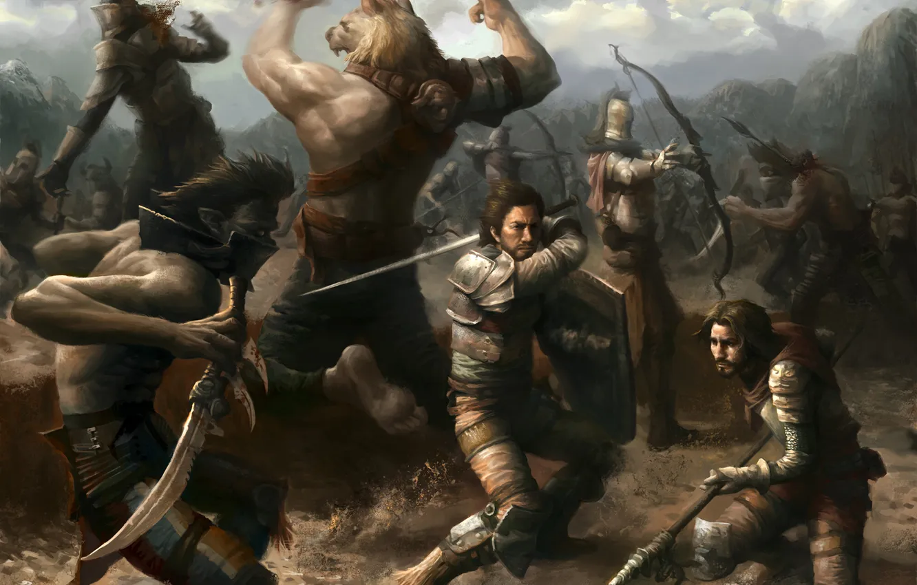 Photo wallpaper weapons, people, sword, armor, valley, warrior, spear, battle