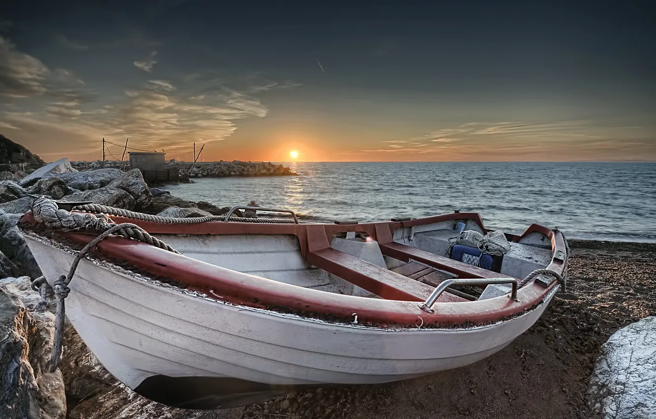 Photo wallpaper sea, sunset, boat