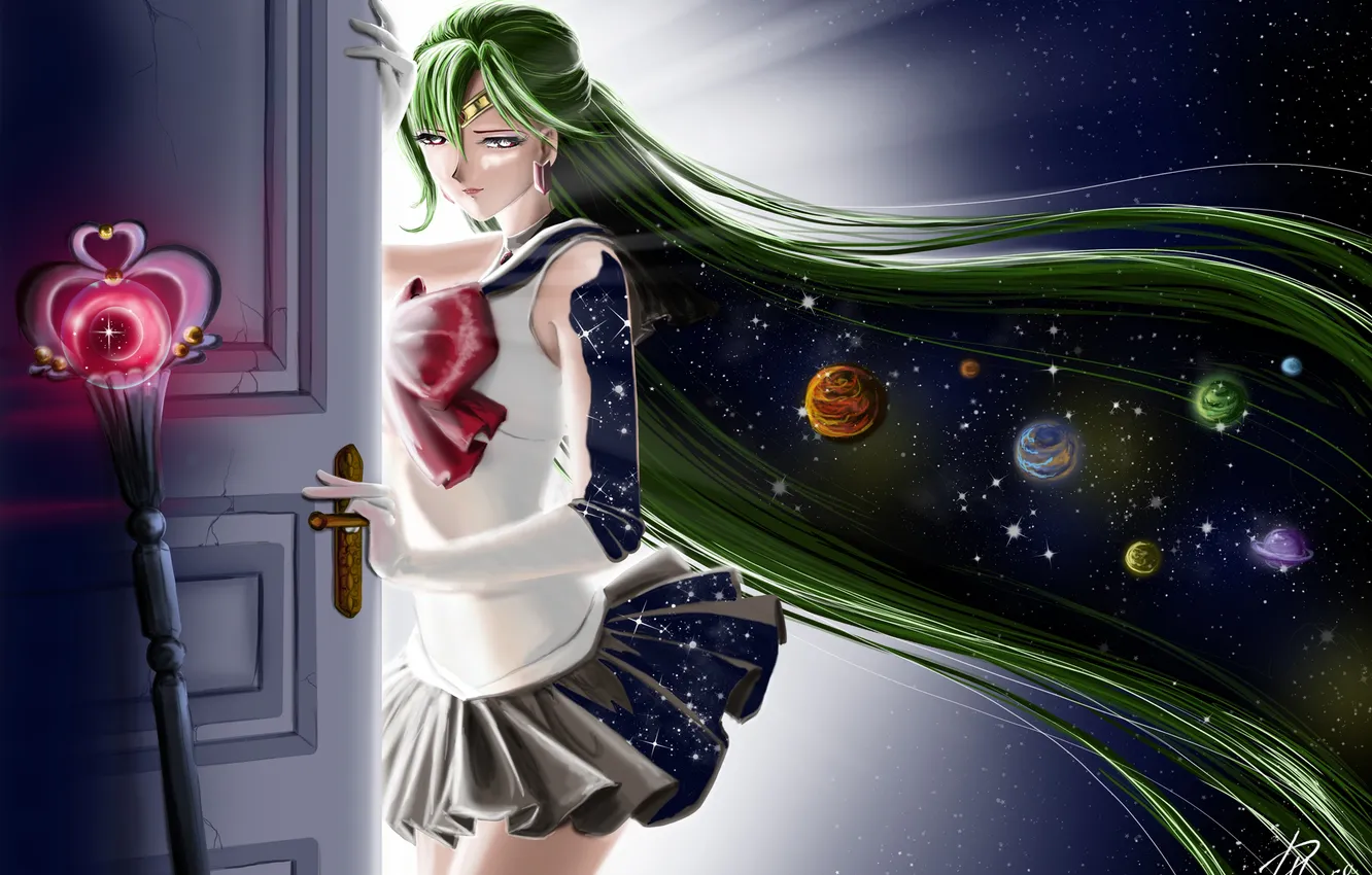 Photo wallpaper look, planet, anime, the door, costume, rod, long hair, space. the universe