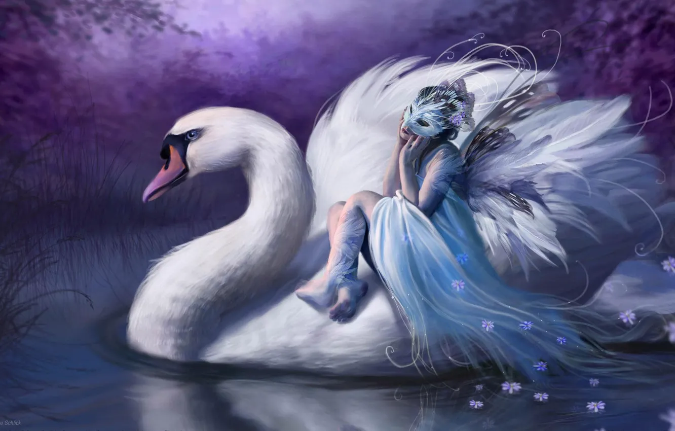Photo wallpaper night, fairy, swans, Bente Schlick, Germany