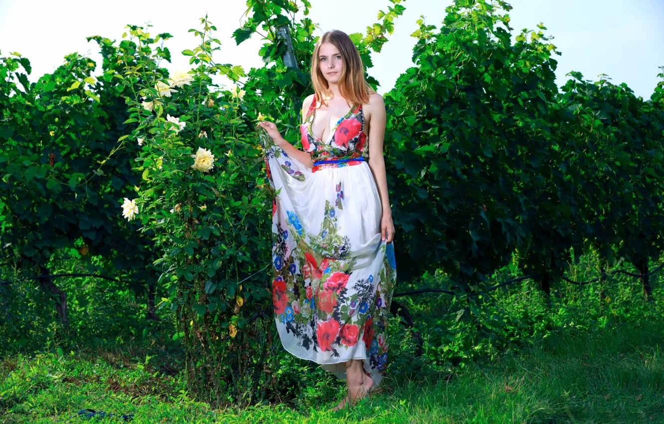 Photo wallpaper Busty babe, Stunning beauty, Outside, flowers, floral dress, barefoot girl, bewitching beauty, grass
