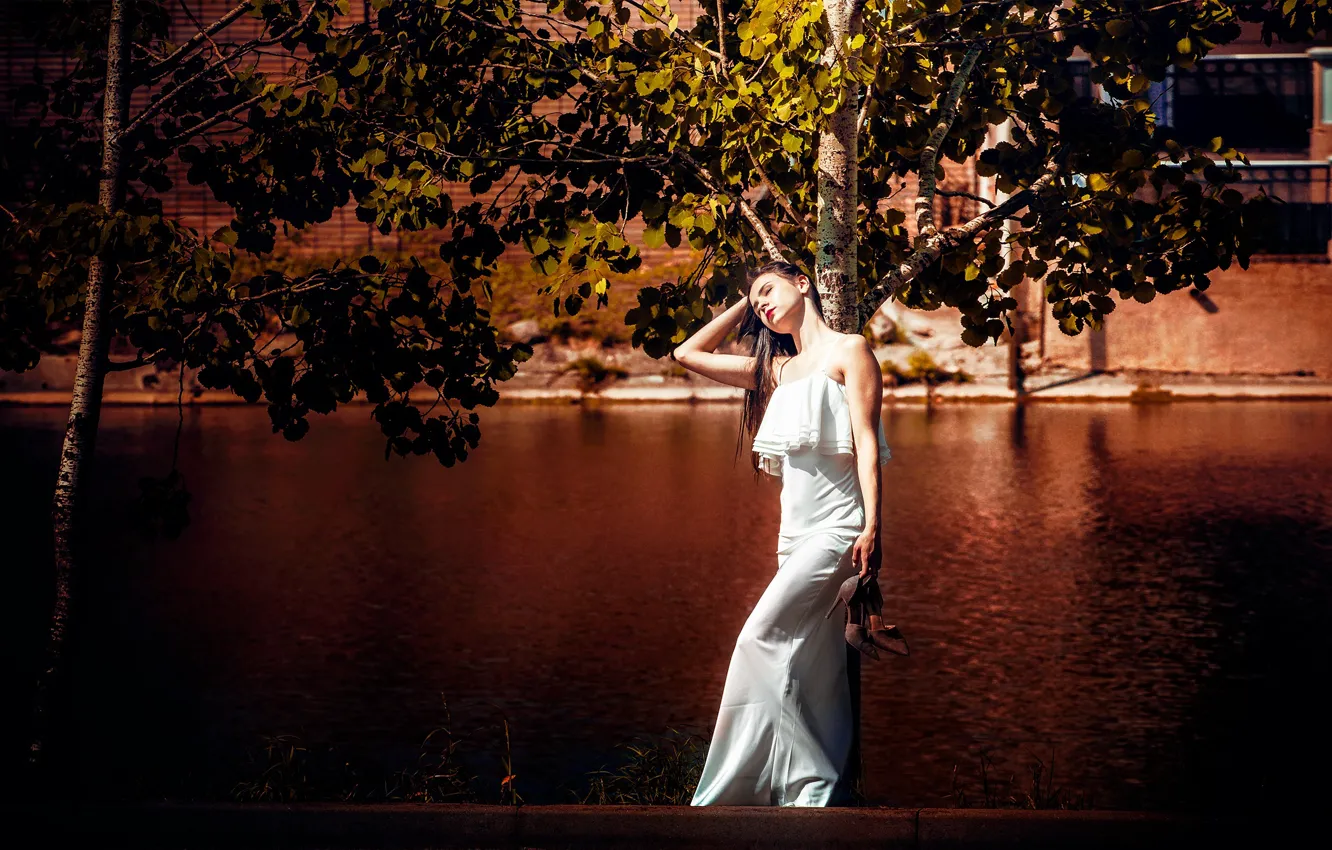 Photo wallpaper water, girl, the sun, trees, dress, brunette, shoes, channel
