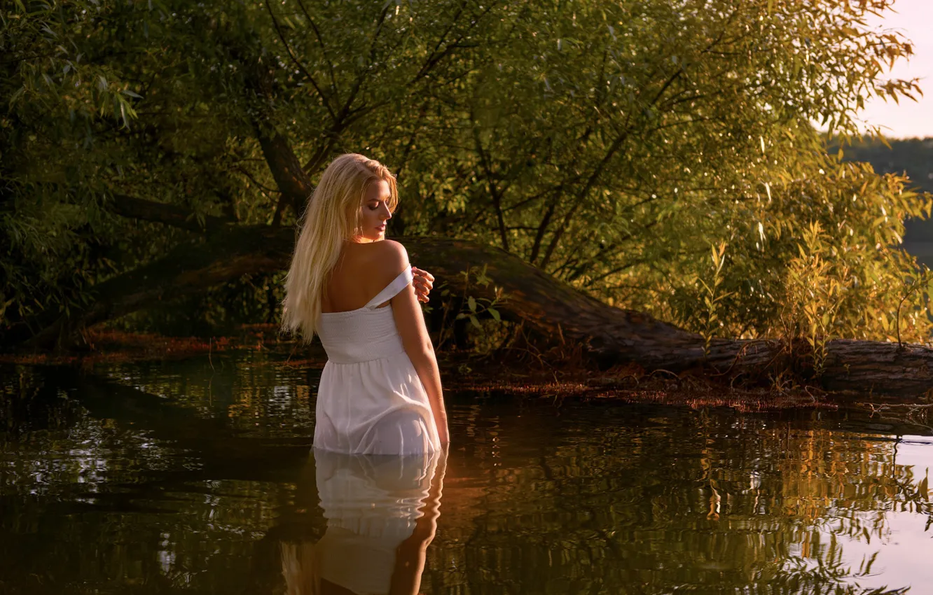 Photo wallpaper water, girl, river, wet, dress