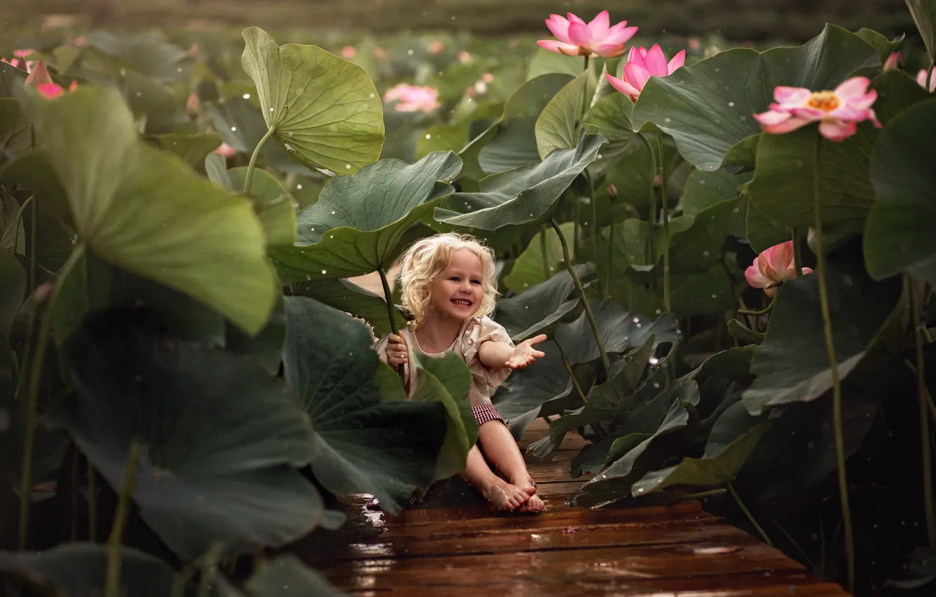 Photo wallpaper leaves, joy, flowers, Board, girl, Lotus, child, Dmitrienko Natalia