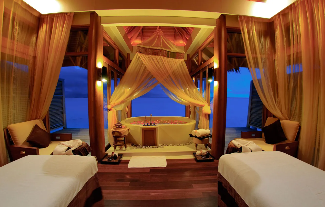 Photo wallpaper sea, chair, bath, house, bathroom, curtains, bed.