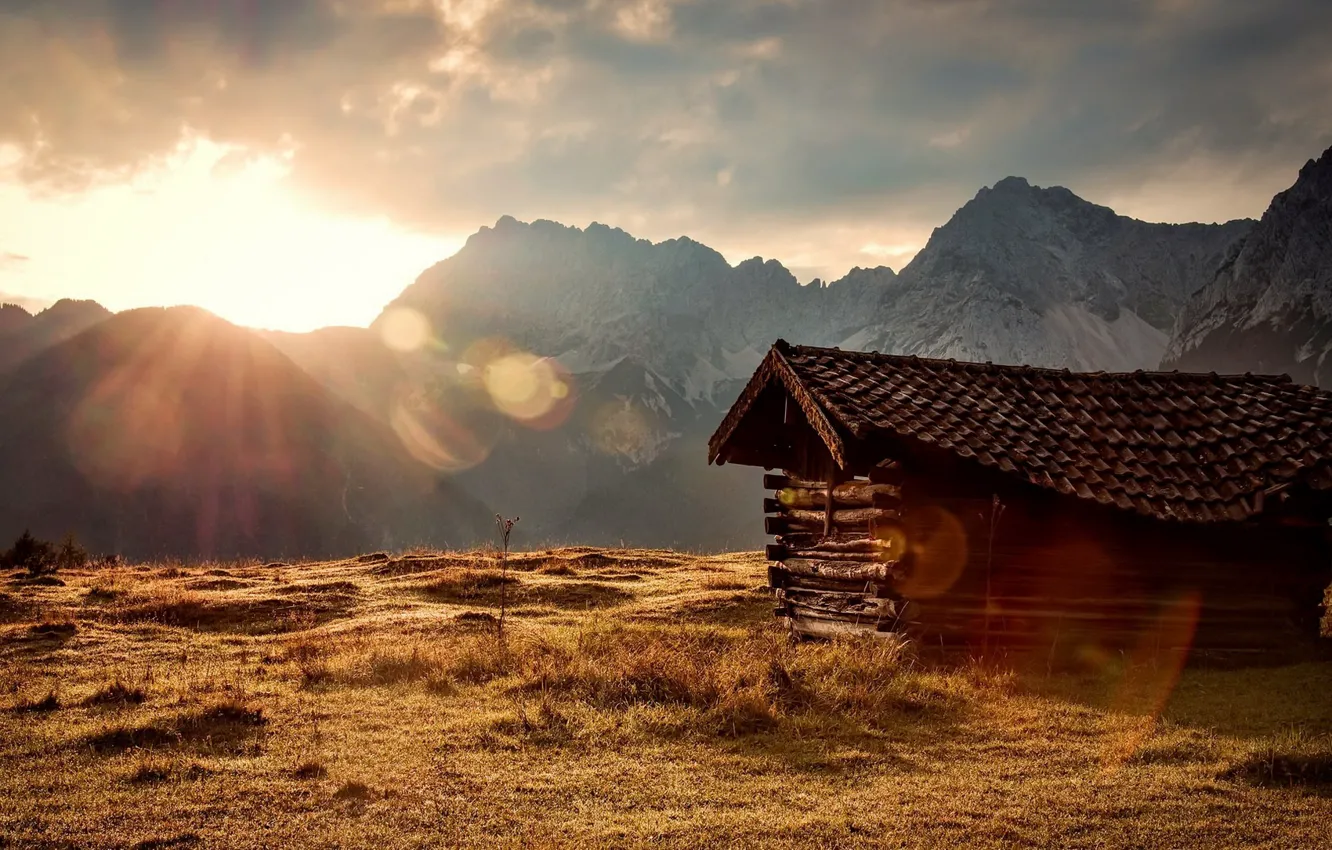 Photo wallpaper mountains, home, morning