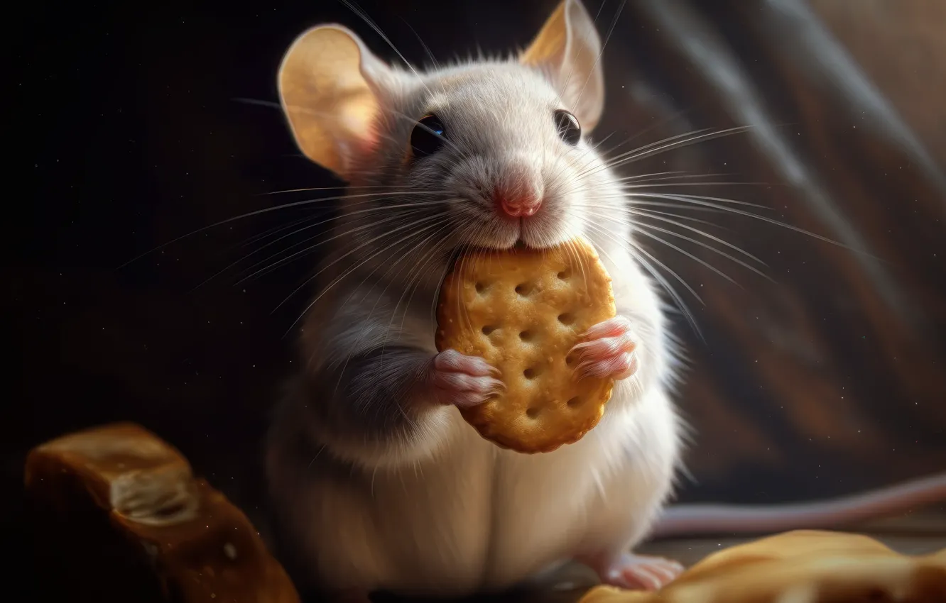 Photo wallpaper white, pose, the dark background, mouse, mouse, cookies, muzzle, rat