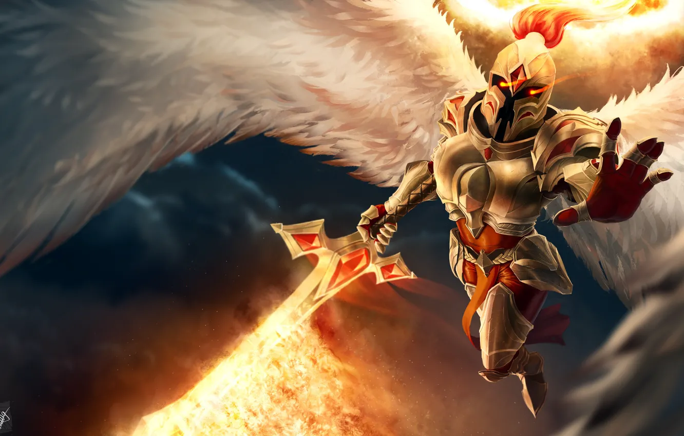 Photo wallpaper angel, sword, warrior, helmet, art, League of Legends, Kayle, Judicator