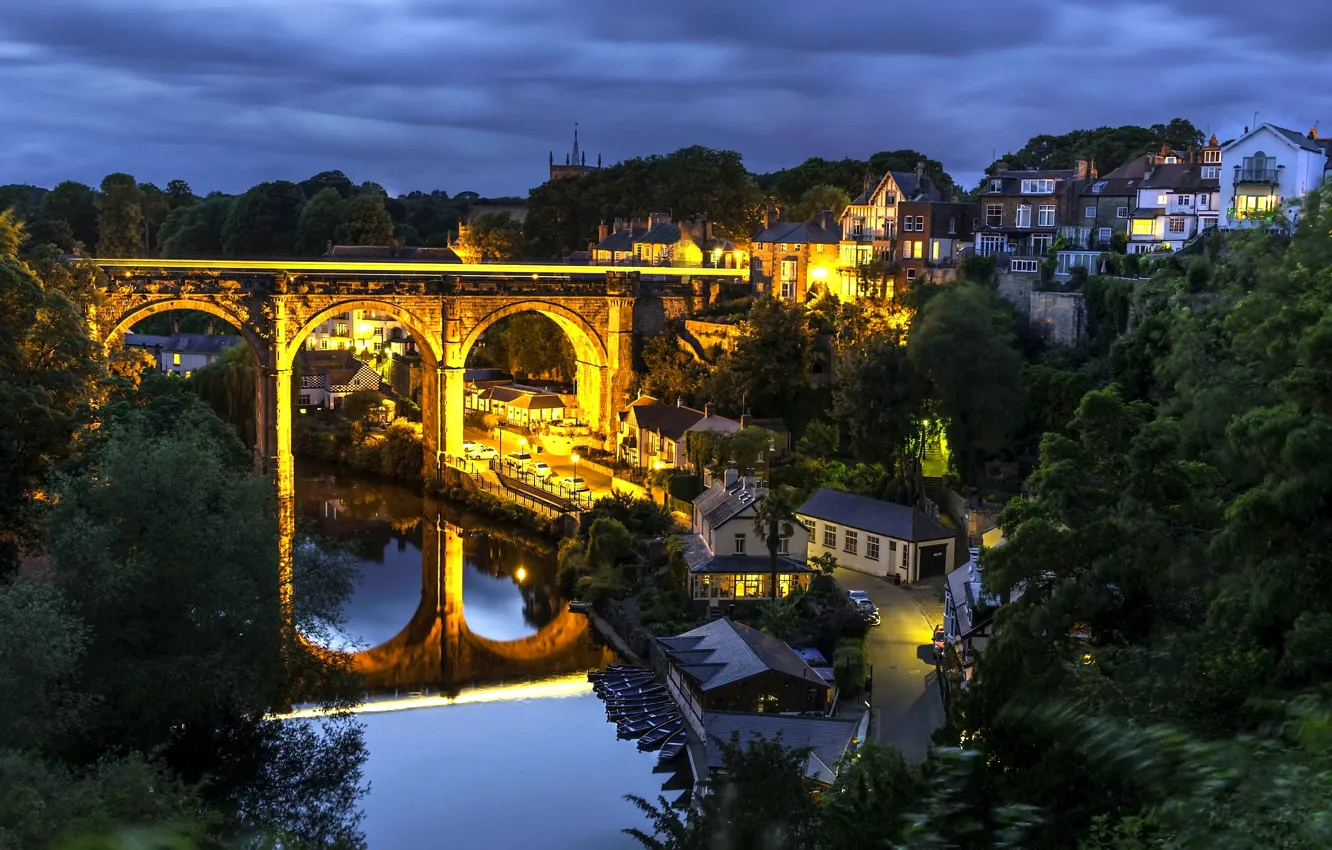 Photo wallpaper bridge, reflection, river, England, building, home, night city, viaduct