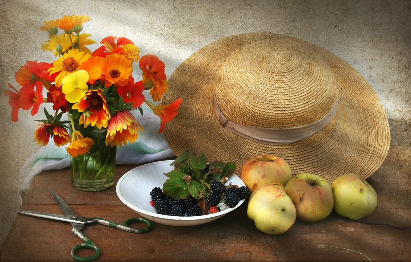 Photo wallpaper flowers, apples, bouquet, hat, still life, BlackBerry, scissors