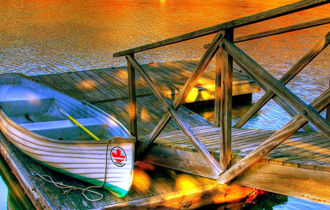 Photo wallpaper lake, boat, HDR, pier, the bridge
