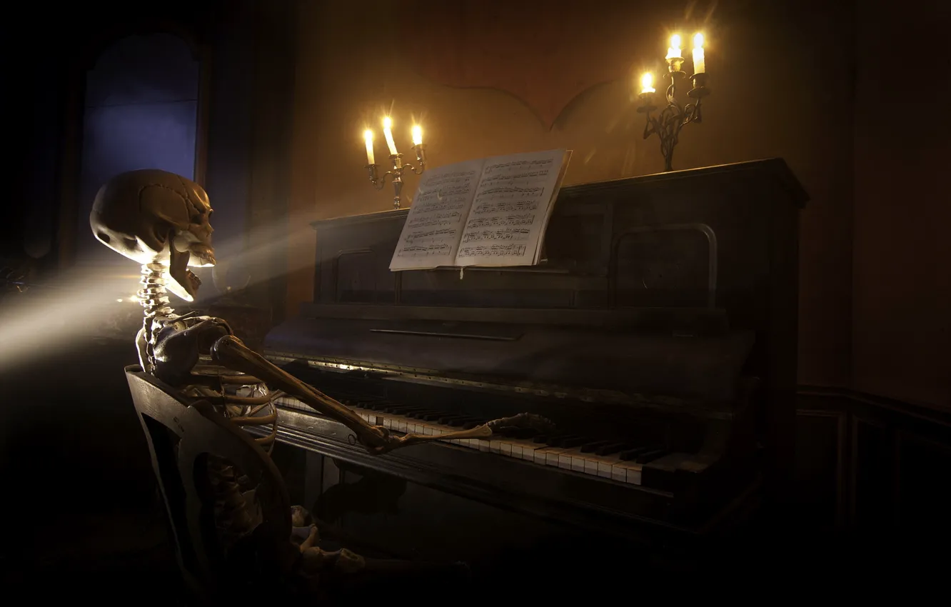 Photo wallpaper music, skeleton, piano