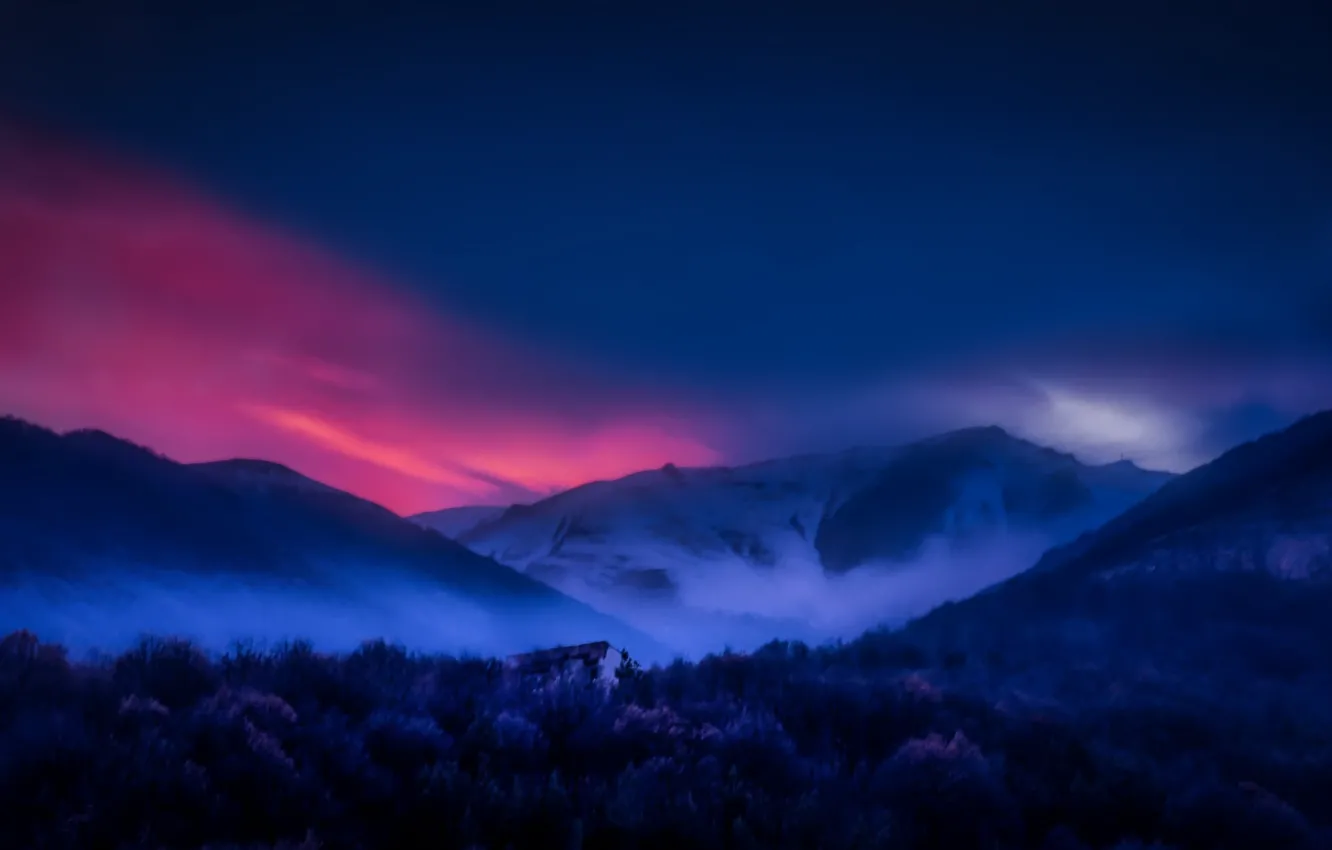 Photo wallpaper Pink, Sky, Mountain, At Night