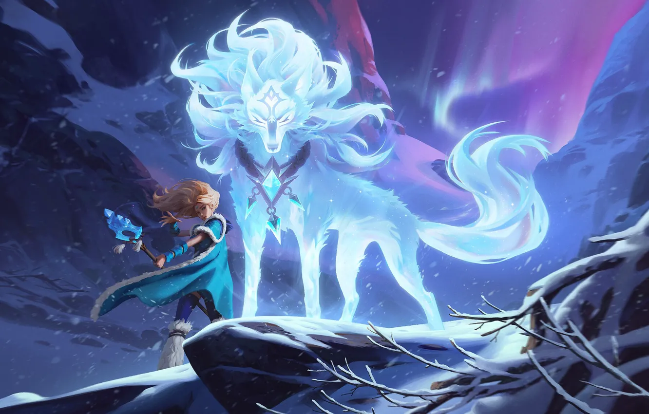 Photo wallpaper girl, light, snow, mountains, night, magic, being, mystic