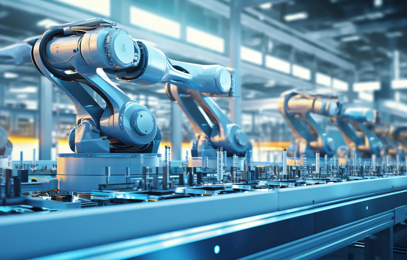 Photo wallpaper factory, working, smart, arms, robotic