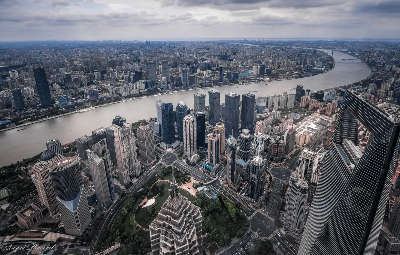 Photo wallpaper clouds, river, China, skyscrapers, China, Shanghai, Shanghai, architecture