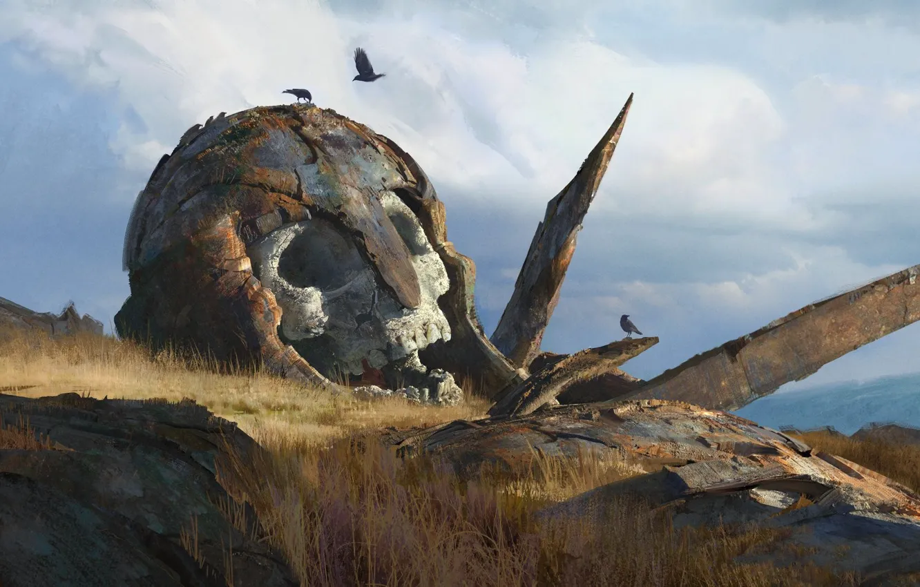 Photo wallpaper sake, rock, fantasy, sky, clouds, birds, digital art, artwork