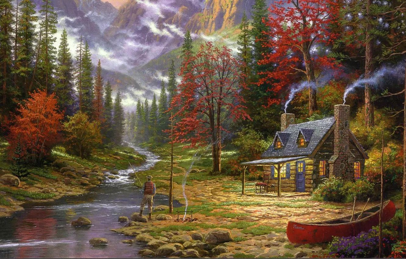 Photo wallpaper forest, mountains, house, river, boat, figure, picture, fisherman