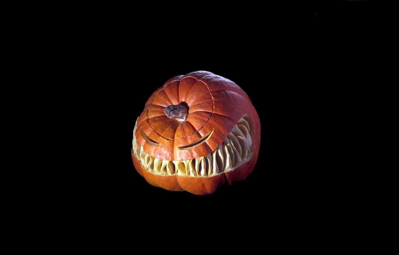 Photo wallpaper smile, minimalism, fangs, Halloween, pumpkin, Halloween, black background