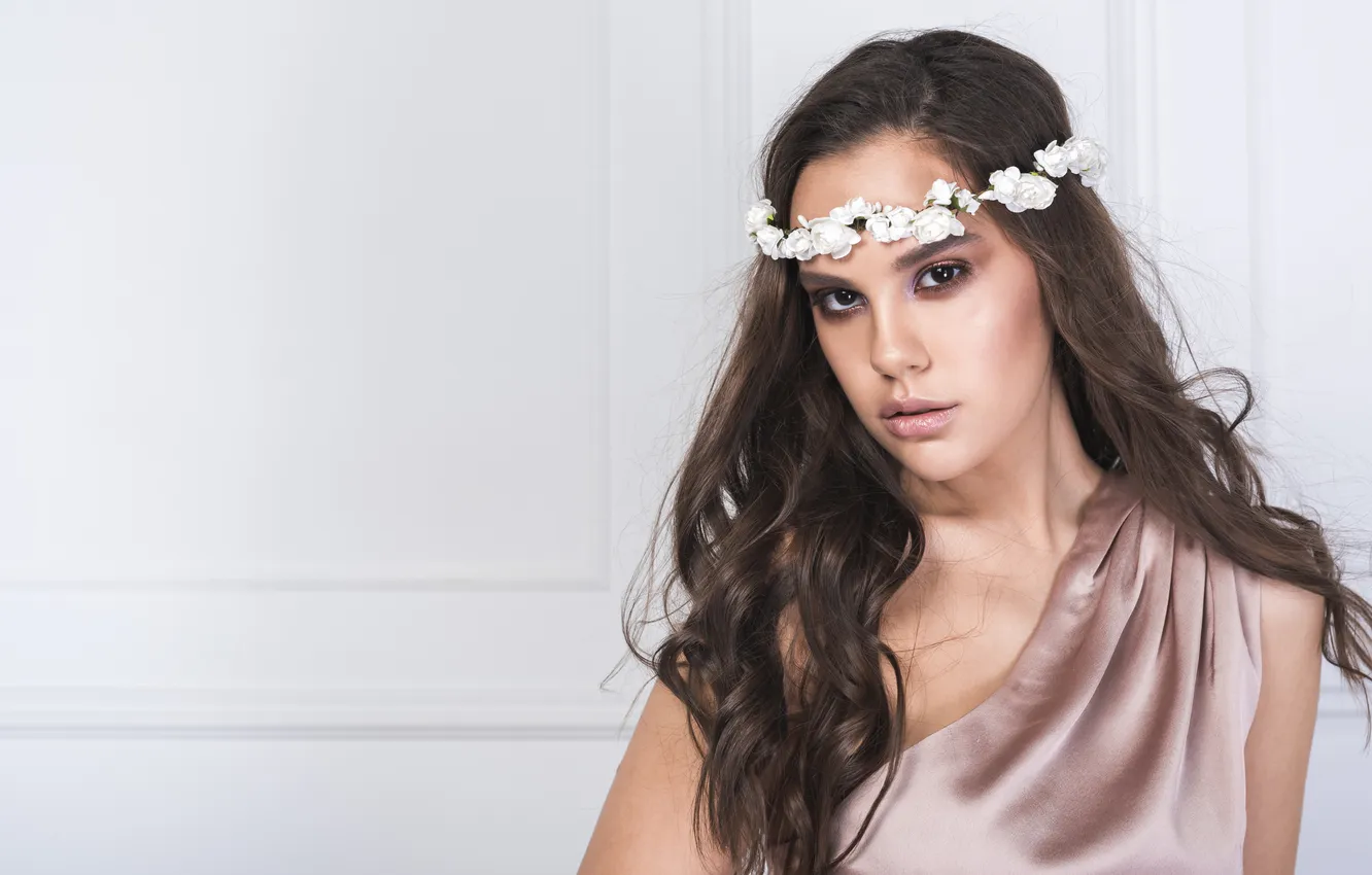 Photo wallpaper dress, young, flowers, lovely, wreath, head, Lady