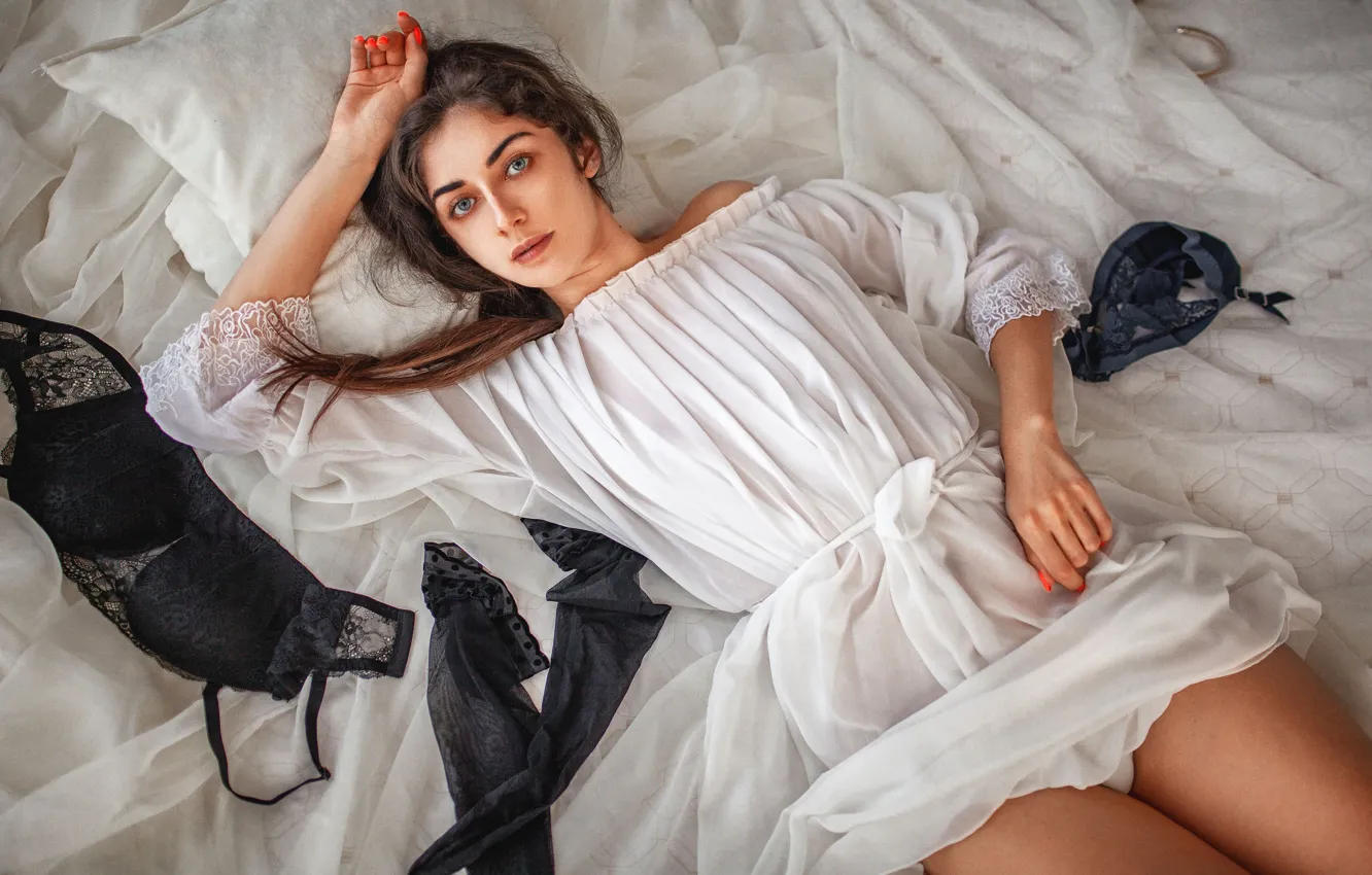Photo wallpaper look, girl, pose, stockings, dress, bed, bra, Alexey Yuriev