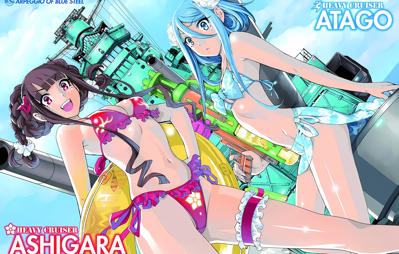 Photo wallpaper sexy, cleavage, long hair, legs, girls, brown hair, boobs, anime