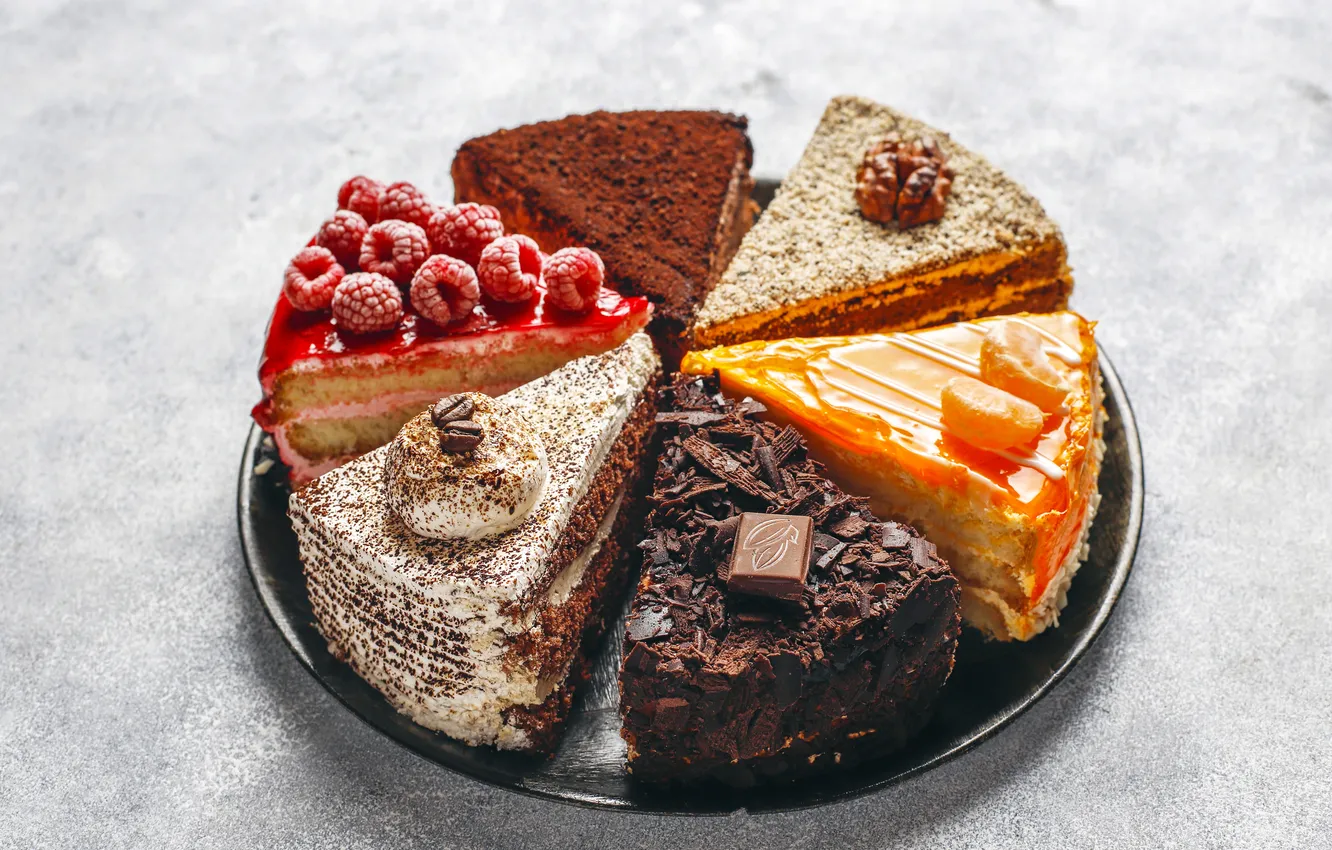 Photo wallpaper cake, pieces, assortment