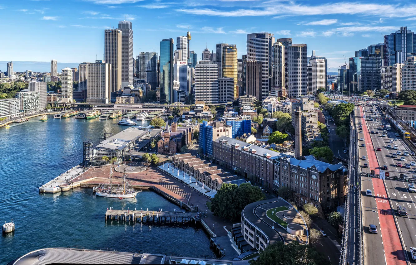 Photo wallpaper road, the city, home, skyscrapers, pier, Australia, Sydney