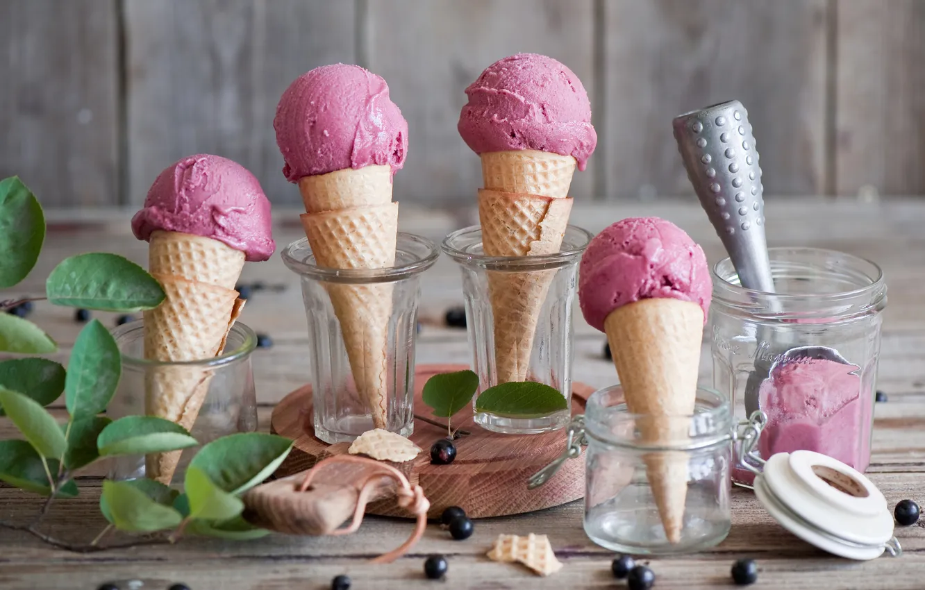 Photo wallpaper berries, ice cream, leaf