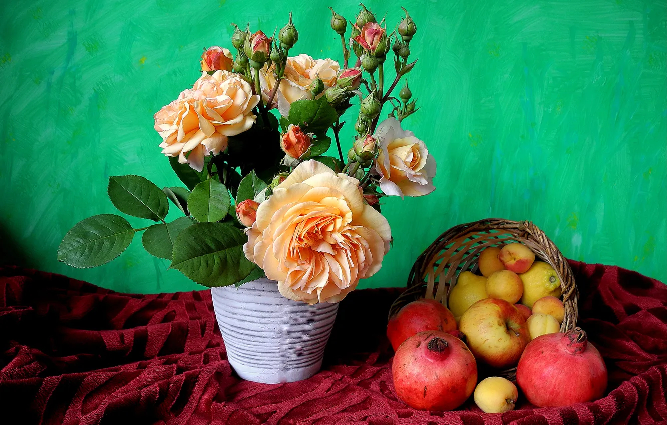Photo wallpaper flowers, lemon, apples, roses, fruit, still life, basket, the bushes