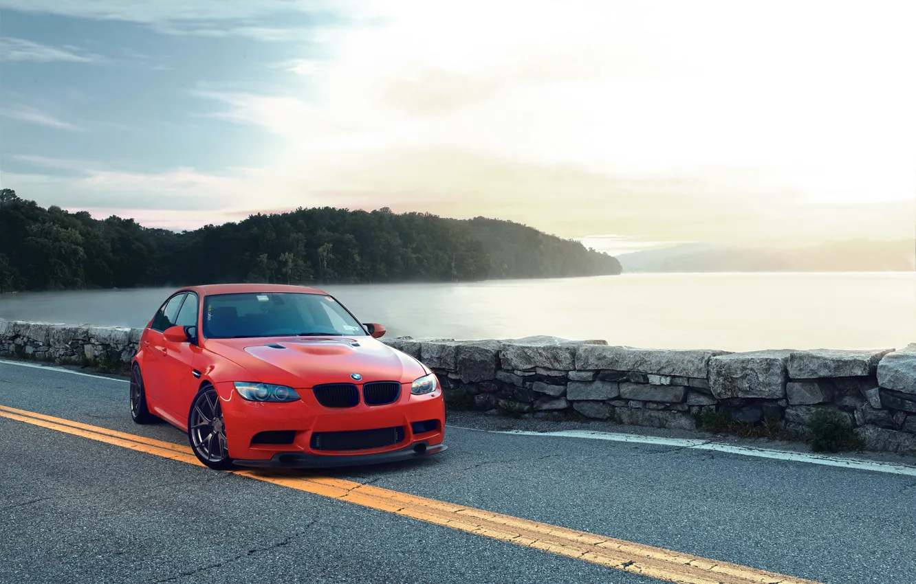 Photo wallpaper the sky, clouds, sunset, red, bridge, river, bmw, BMW