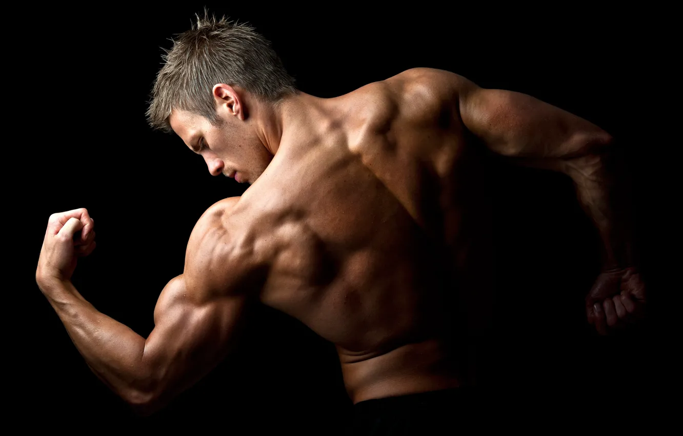 Photo wallpaper pose, back, hairstyle, muscle, muscle, bodybuilding, background black, back
