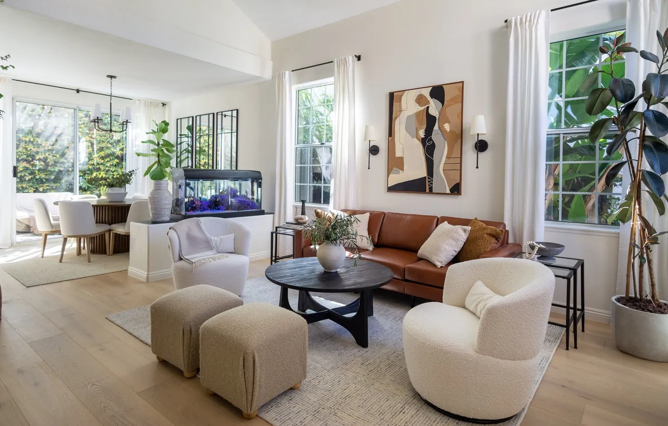 Photo wallpaper design, Villa, plant, aquarium, interior, South Africa, living room, dining room