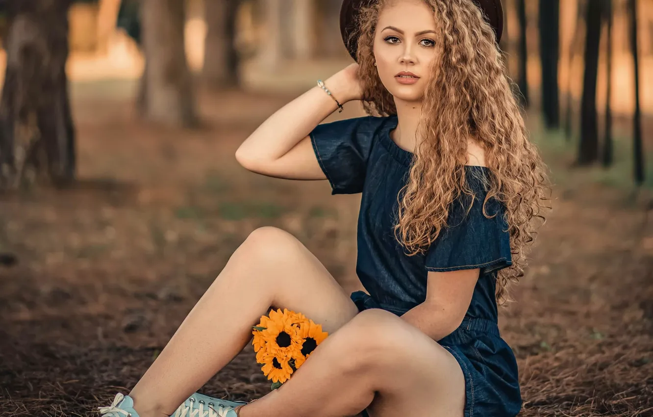 Photo wallpaper girl, trees, flowers, nature, pose, sneakers, bouquet, hat