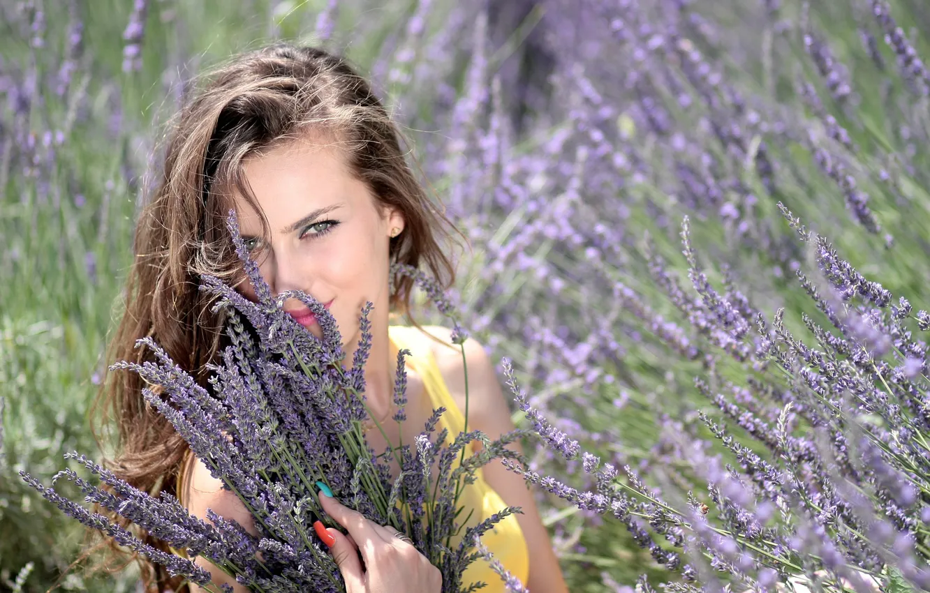 Photo wallpaper field, look, girl, lavender