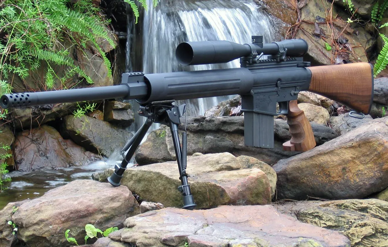 Photo wallpaper weapons, waterfall, rifle, optical sight, bipod, DPMS