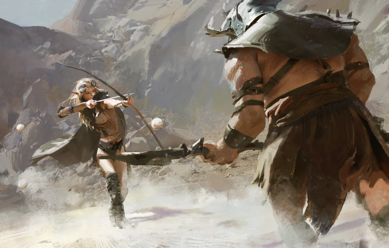 Photo wallpaper weapons, fiction, bow, art, elf, arrows, enemies