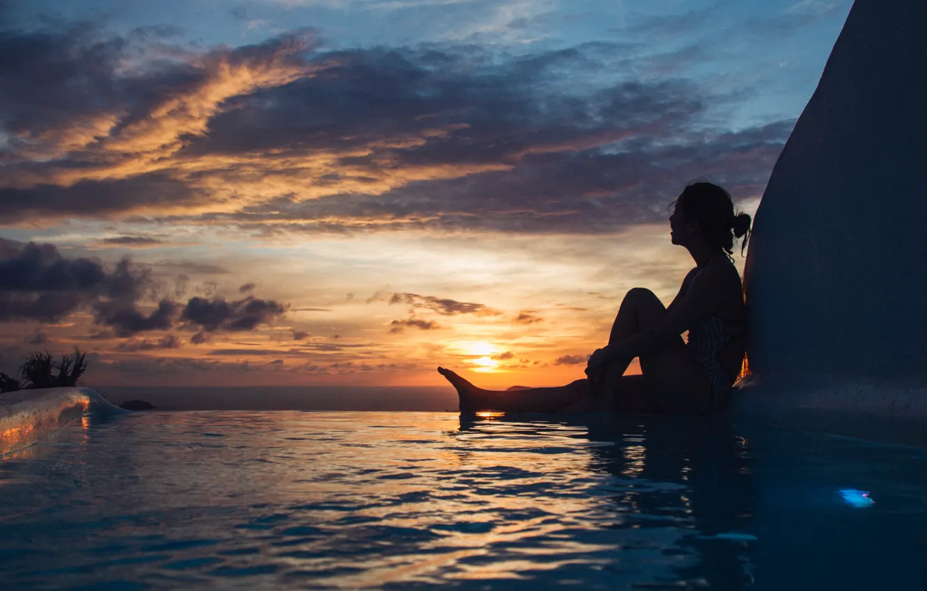 Photo wallpaper relax, girl, pool, sky, ocean, water, clouds, women