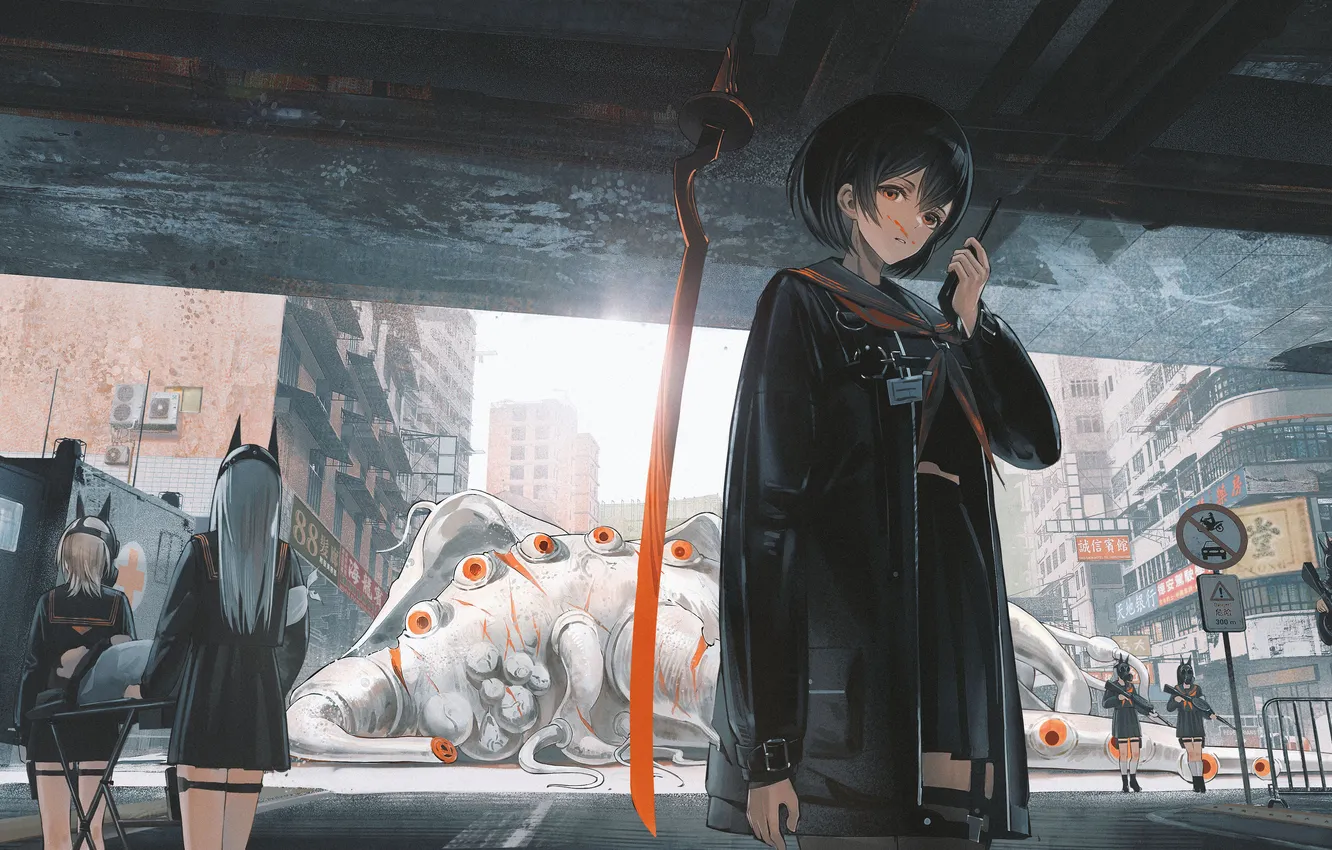 Photo wallpaper city, anime, fan art, ANIME STYLE, Anime Art, homutan1, armed girl