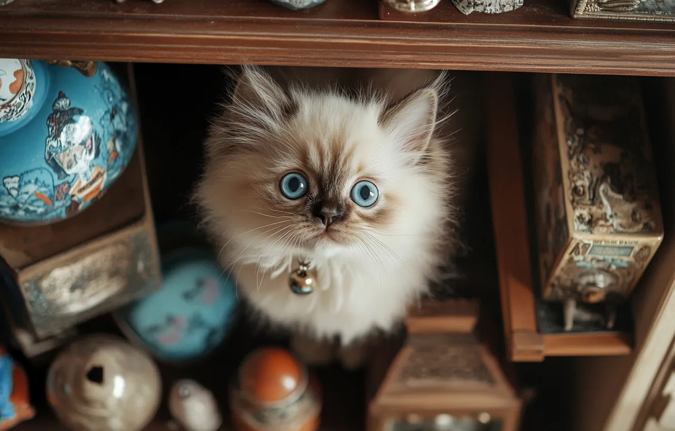 Photo wallpaper cat, look, pose, table, toy, kitty, blue eyes, bells